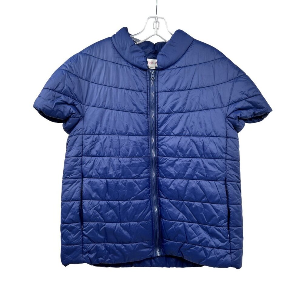 Top It Off Womens Quilted Short Sleeve Jacket Zip Up Blue Purple Medium Pockets